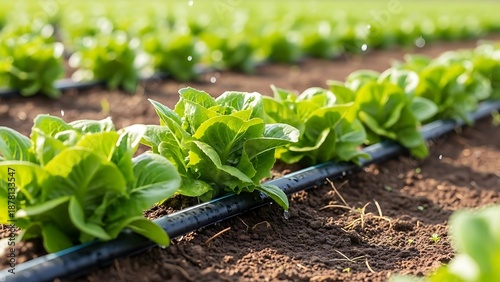 Farmers irrigate soy crop in the dry countryside using a drip irrigation system on a farm with industrial farming equipment