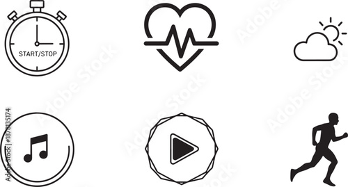 Outline icons representing health, fitness tracking, and active lifestyle elements on a clean white background Vector