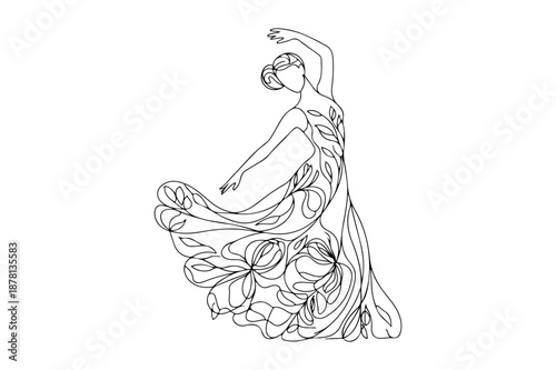Elegant woman in flowing floral dress dancing
