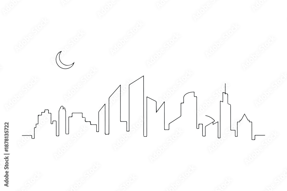 Obraz premium Continuous Line Drawing of City Skyline with Moon