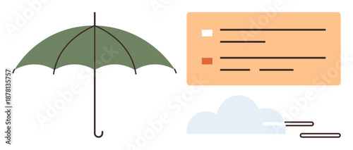 Weather protection, minimalism, rain hazards, safety planning, creative design, and infographic elements. A green umbrella and abstract shapes including a cloud and lines. Weather protection