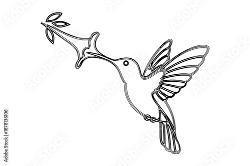 Hummingbird feeding on flower line art illustration