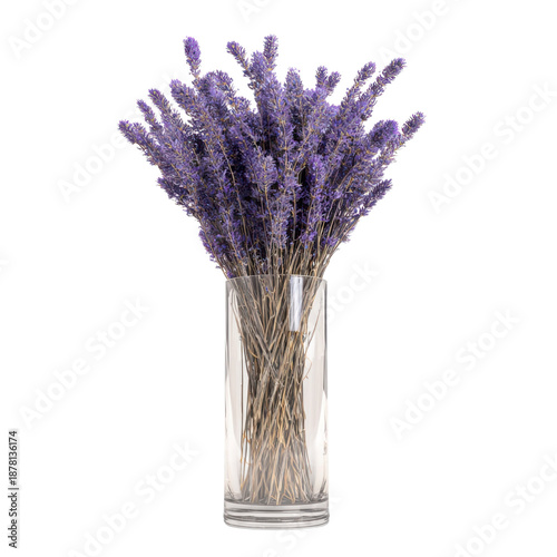 Lavender flowers in clear glass vase with purple blooms in soft natural lighting for home decor