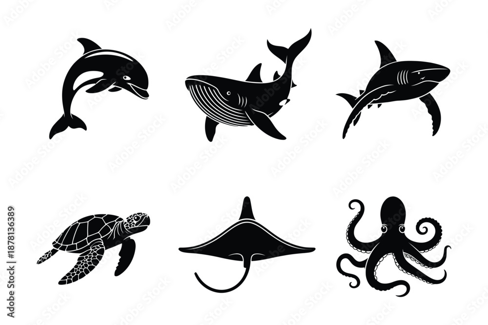 Obraz premium Marine animal silhouettes set with whale shark and turtle