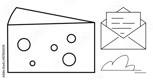 Communication, culinary arts, creativity, minimalism, design ideas, abstract concepts. Outline drawing of a cheese block, an envelope and a scribble. Communication and culinary arts