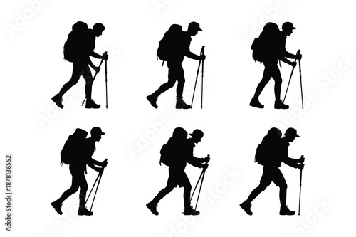 Hiker silhouettes set for trekking and outdoor adventure