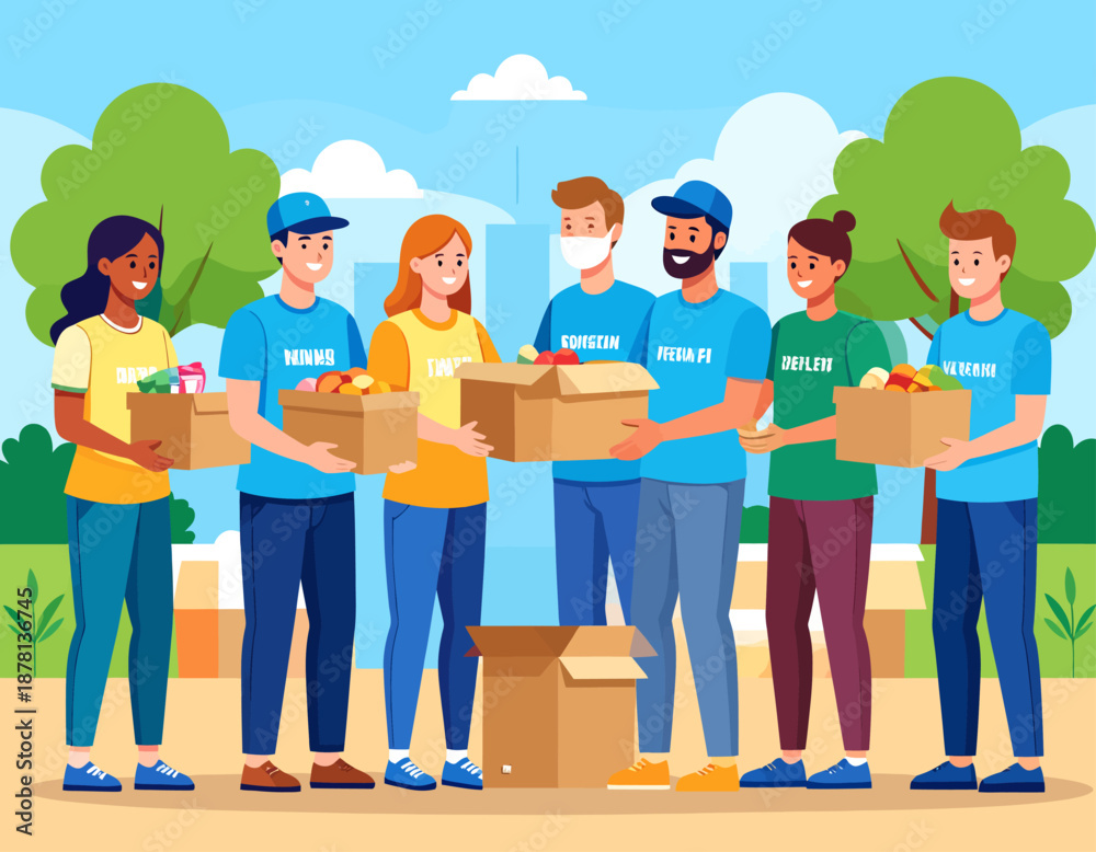 Obraz premium A diverse group of volunteers distributing donation boxes in an outdoor community setting.