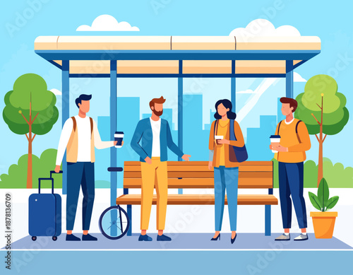 A group of diverse travelers waits at a modern bus stop with coffee and luggage. This scene depicts urban commuting, public transportation, and daily city life.