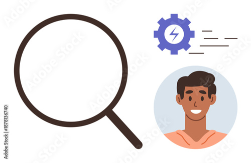 Data analysis, user identification, research, technology, user management, settings. Magnifying glass, male user profile and gear icon with speed symbol. Data analysis and user identification