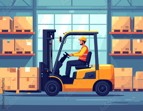 A worker operates a forklift in a large warehouse, efficiently moving and stacking boxes. This represents the industrial sector, logistics, and skilled labor.