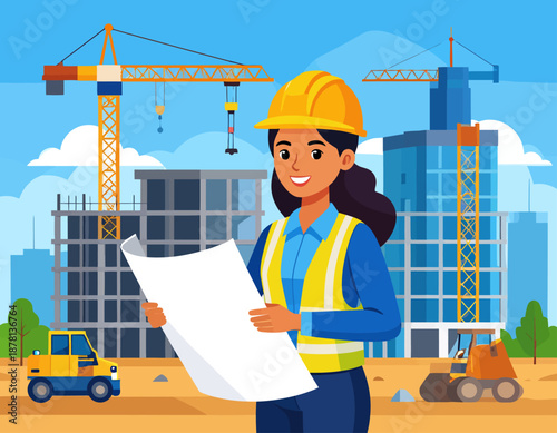 A female construction engineer in a yellow vest and hard hat smiles confidently at a construction site. This image highlights women in skilled trades and leadership roles.