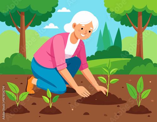 An elderly woman enjoys her time gardening, carefully planting a small seedling in the soil. This illustrates a peaceful retirement hobby and a connection with nature.