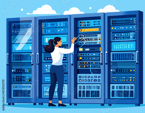 A female IT technician works on server racks in a data center, managing cables and hardware. This represents technology, data management, and network administration.