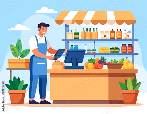 A friendly male vendor works at a local grocery store or farmer's market. He smiles while using a device, surrounded by fresh produce and products, representing small business and local commerce.