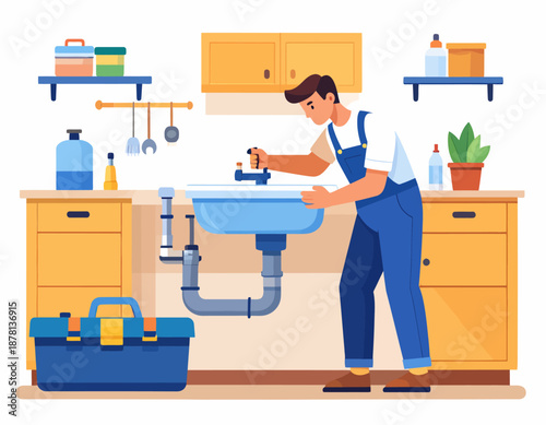 A professional plumber in blue overalls is fixing a leaky faucet in a kitchen. With his toolbox nearby, he represents skilled labor, essential home repair, and maintenance services.