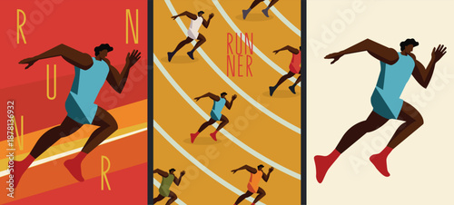 Modern running poster set with athletes sprinting on a track. Dynamic flat illustration for marathon events, sport advertising, fitness promotions, and active lifestyle designs.