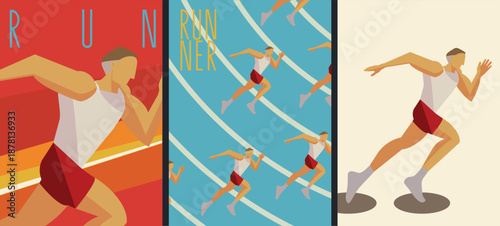 Stylish running poster collection with athletes in motion on a stadium track. Flat sport illustration for fitness campaigns, sport events, banners, and social media content.