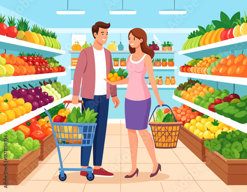 A happy couple grocery shopping for fresh fruits and vegetables in a supermarket produce aisle.