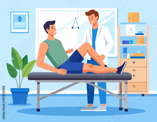 A male doctor examining a patient's knee on an examination table in a clinic for physical therapy.