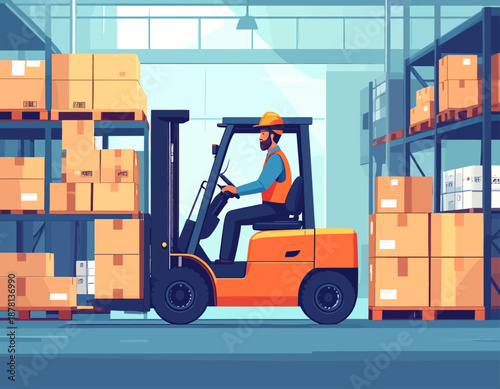 A man in a hard hat and safety vest operates an orange forklift in a busy warehouse filled with stacked boxes on shelves.
