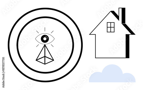 Home security, surveillance, modern technology, privacy, smart home, vision. Geometric eye inside circle and a house with a cloud. Home security and surveillance theme