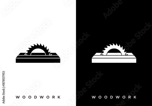 Wood sawmill logo vector for carpentry. Wood cutting table logo.