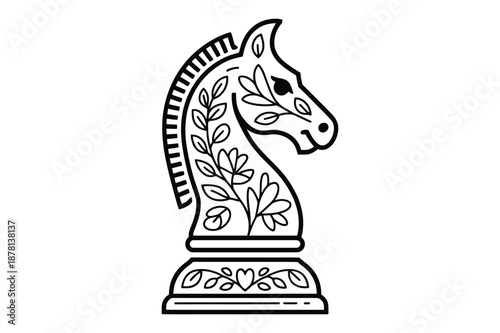 Decorative Chess Knight Piece Ornamented with Floral and Leaf Patterns