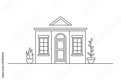 Minimalist house exterior facade with windows and plants