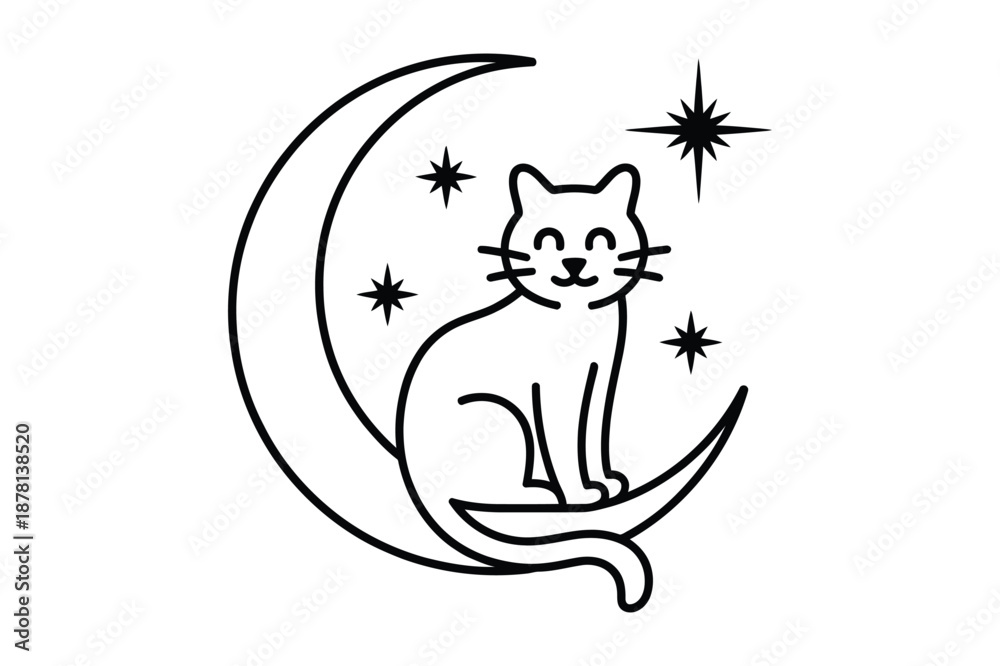 Fototapeta premium Cute Cat Sitting on Crescent Moon in Starry Sky Illustration