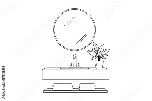 Modern bathroom vanity with round mirror and sink line art