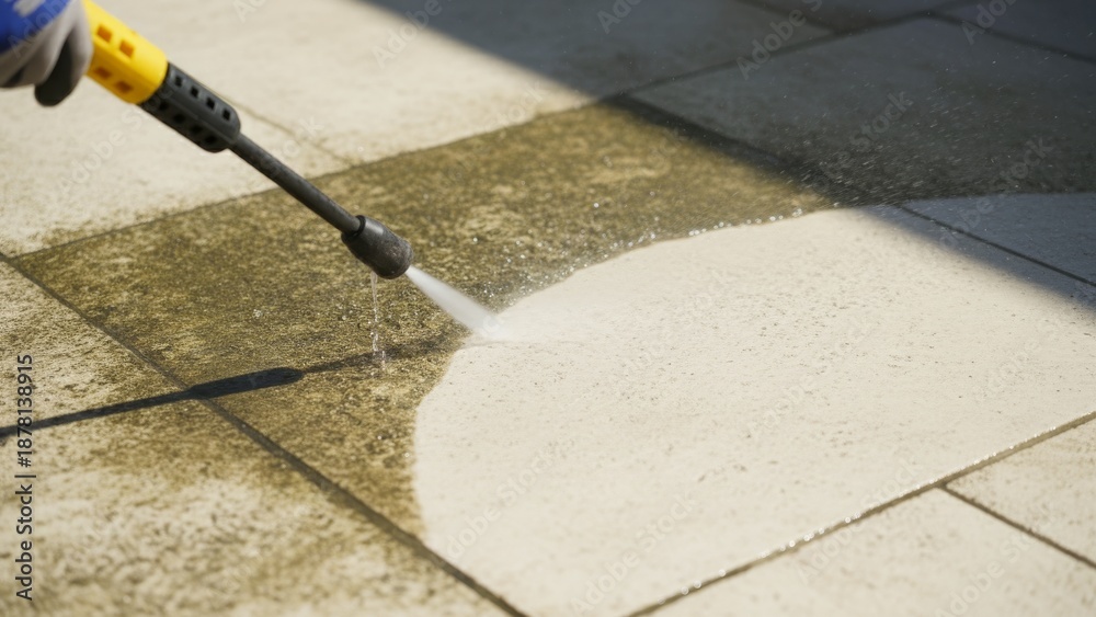 Fototapeta premium Pressure washing dirty patio tiles to remove grime and algae during home maintenance