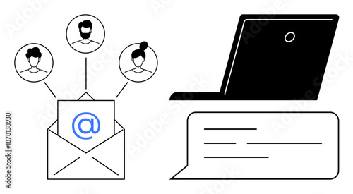 Digital communication, remote work, email marketing, online collaboration, social networking, connectivity. Open envelope with email icon, user icons laptop speech bubble. Digital communication