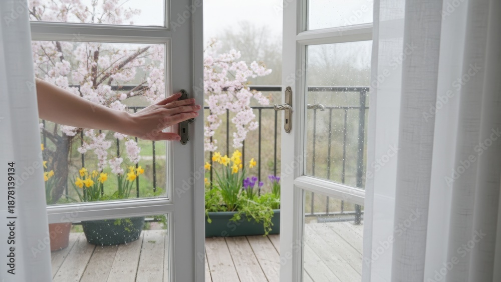 Fototapeta premium Hand opening french doors to a spring balcony with blooming cherry blossoms and daffodils