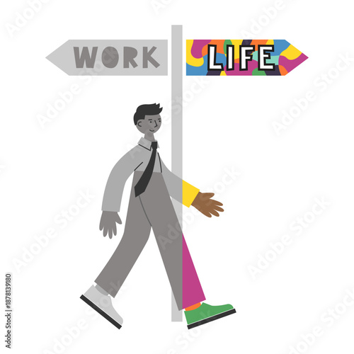 Work life road sign. Person chooses  slow living to recharge. Sabbatical and burnout recovery concept. Intentional rest and career break, microretirement.