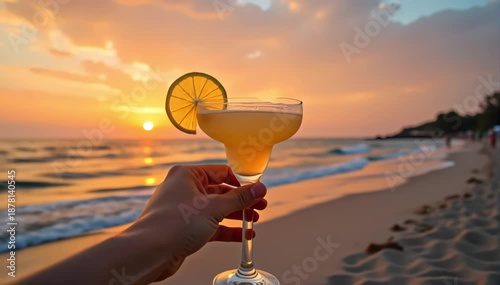 Hand holding a margarita glass with sunset beach background. 