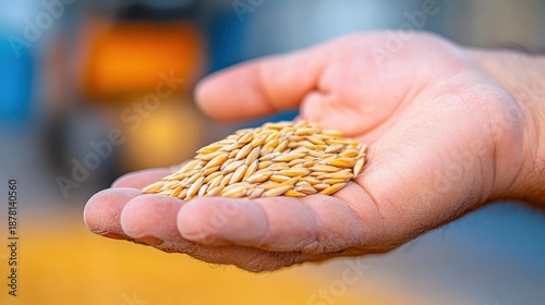 Successful harvest showcases wheat grain in hand amid active farming machinery
