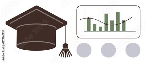Education, academic progress, data analysis, graduation, statistics, research trends. Graduation cap next to a bar chart and data icons. Education and academic progress concept