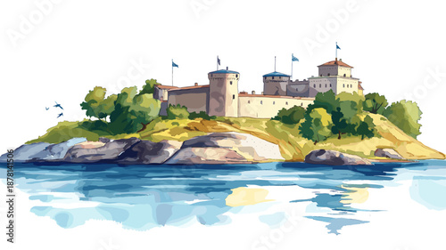 Suomenlinna Fortress. Suomenlinna Fortress watercolor vector illustration