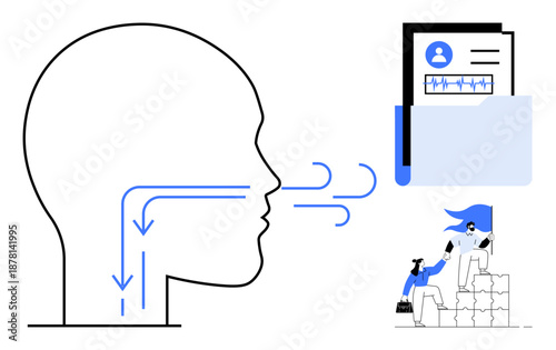 Healthcare, teamwork, respiratory system, leadership, medical data, collaboration. Diagram of breathing process, folder with medical chart and people working together. Respiratory system