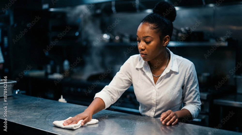 custom made wallpaper toronto digitalDedicated young woman meticulously cleans a stainless steel kitchen counter, ensuring top-tier hygiene and food safety