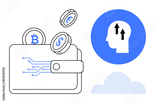 Cryptocurrency concept. Cryptocurrency wallet displaying digital tokens thumbs up Bitcoin and Dollar Coin alongside a growth mindset symbol. Cryptocurrency for digital payments, blockchain