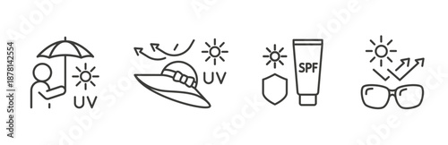 Hot weather safety rules, sun protection accessories, umbrella, sunscreen, hat, sun glasses, simple line icons