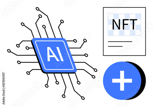 Artificial intelligence concept. AI chip with digital NFT and add symbol, blockchain, technology trends, and innovation. For tech, blockchain, digital art, and AI
