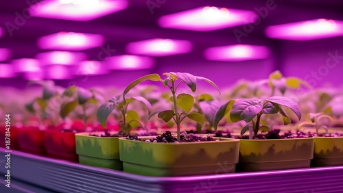 Young tomato seedlings in colorful pots under vibrant purple grow lights in a nursery.