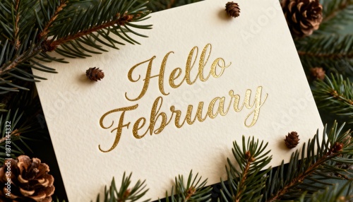 Hello February Gold Lettering Greeting Card with Fir Branches and Pine Cones Background, Cozy Winter Seasonal Typography and Elegant Winter Greeting Design.