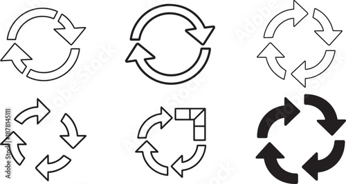 Set of six different circular arrows icons for refresh, reload, sync, or recycle process
