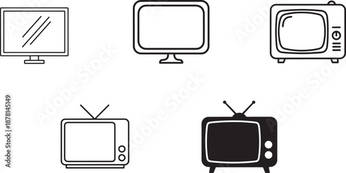 Set of five television icons, including modern flat screen and vintage crt models, line art and silhouette styles