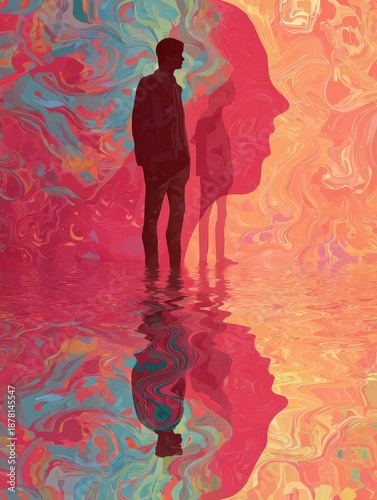 Silhouette person with colorful abstract reflection, surreal identity and emotional mind concept illustration