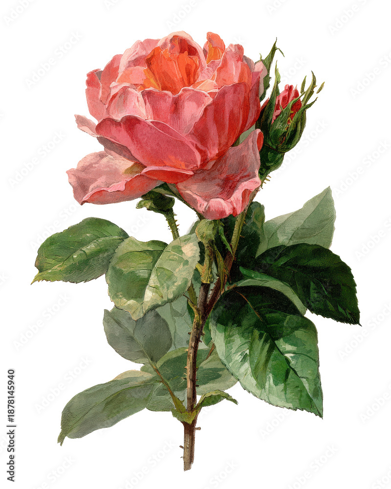 Fototapeta premium Watercolor Illustration of Pink Rose with Bud