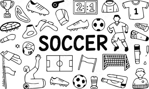 soccer doodle set with ball cleat jersey goal and trophy